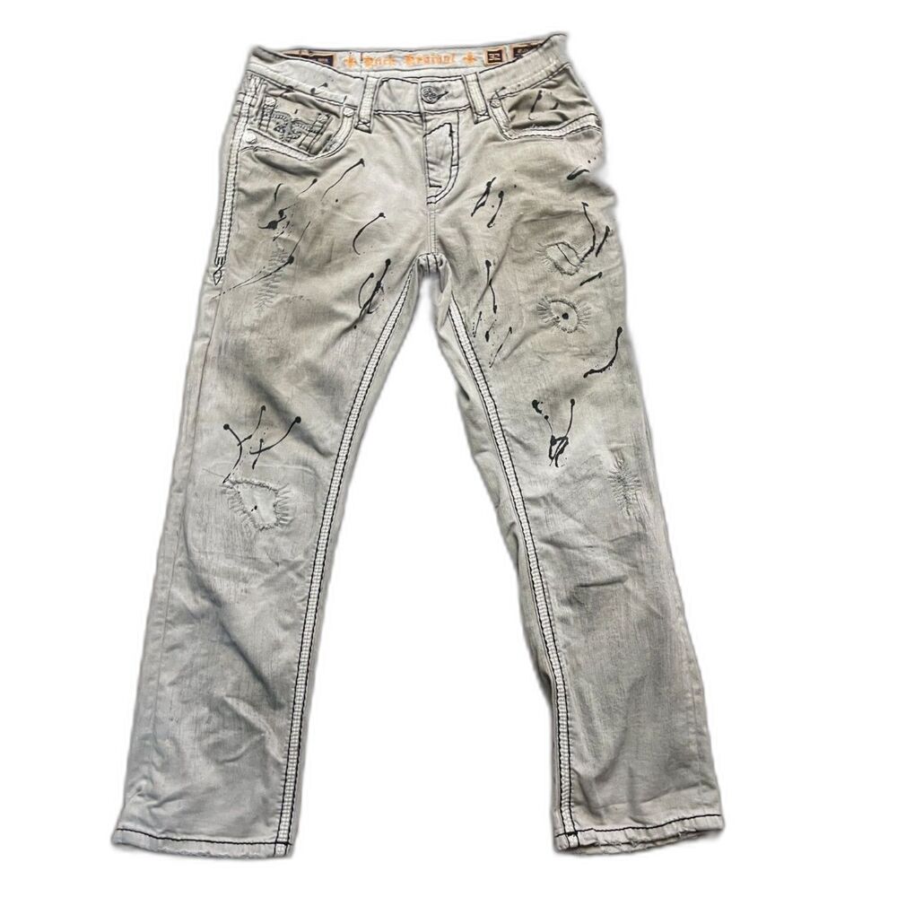 Rock Revival Jeans Men's 32/30 Wilkins Gray Straight Paint Splatter Grunge Rock